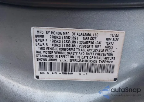 2005 Honda Odyssey Ex z USA, uszkodzony, nr VIN 5FNRL38415B035632